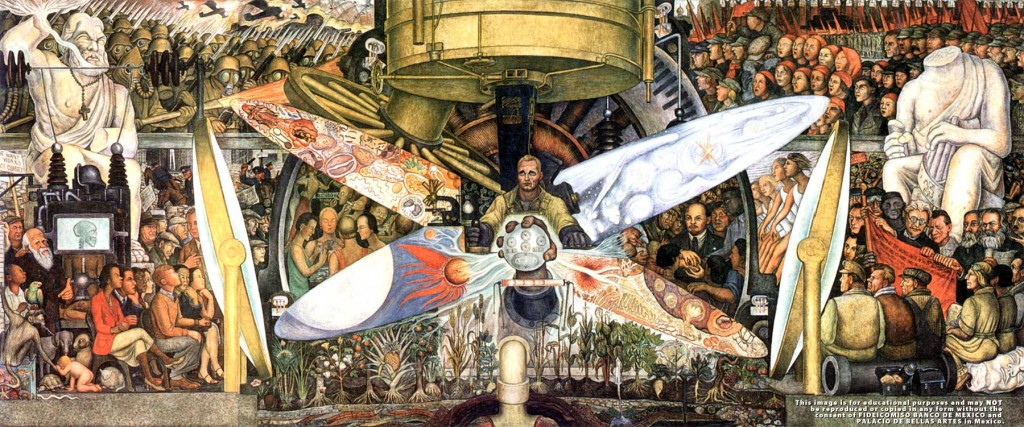The mural painted by Diego Rivera Man at the Crossroads was repainted and renamed as Man, Controller of the Universe at the Palacio de Bellas Artes in Mexico City.